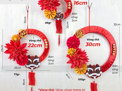 Vòng treo cửa Tết Hoa Cúc Râu ruy băng Đỏ Đầu Lân [Nhẹ - 3 Size] ĐK 16 - 30cm VTC-T-49